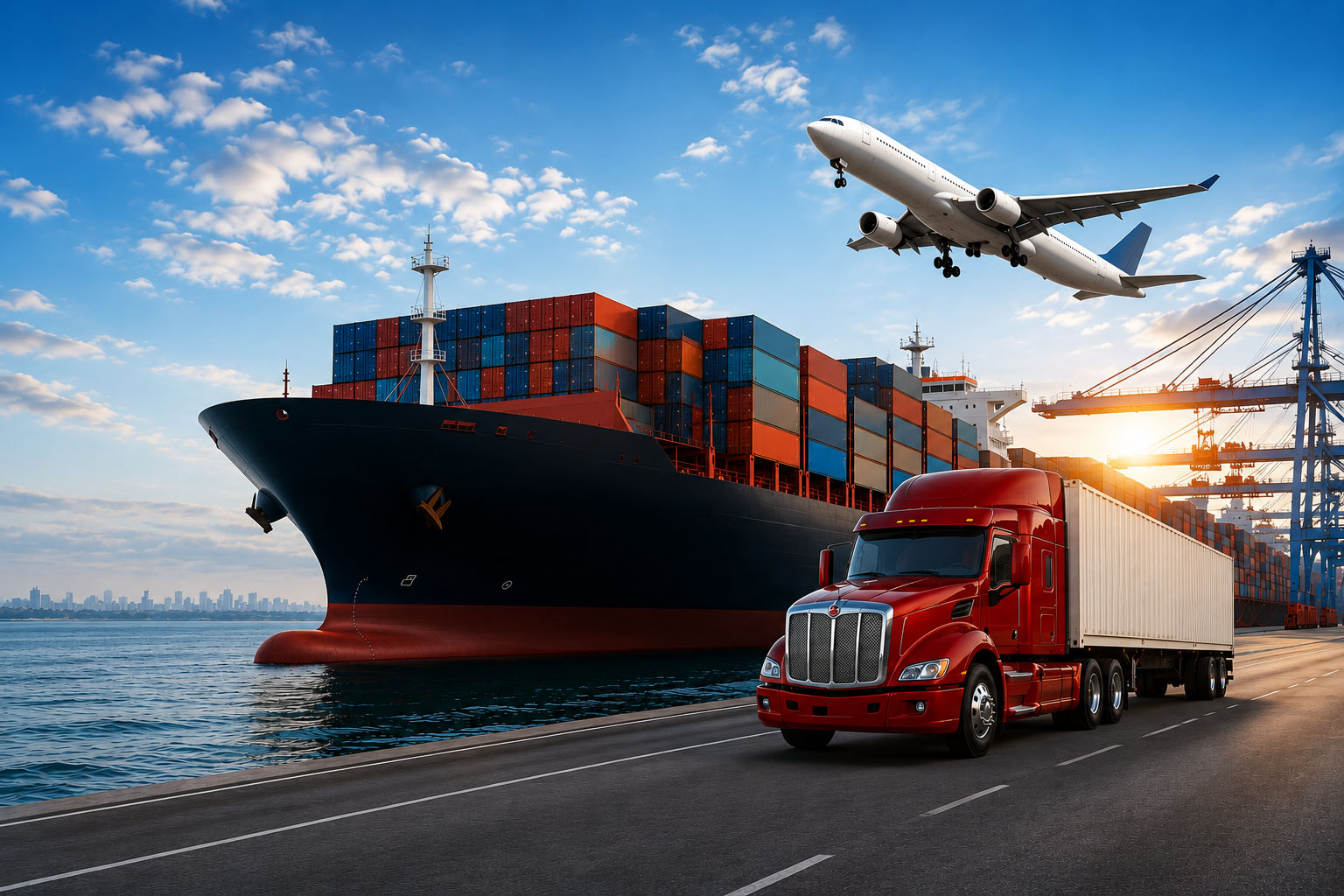 Global shipping, air freight and trucking logistics — container ship, cargo plane and freight truck